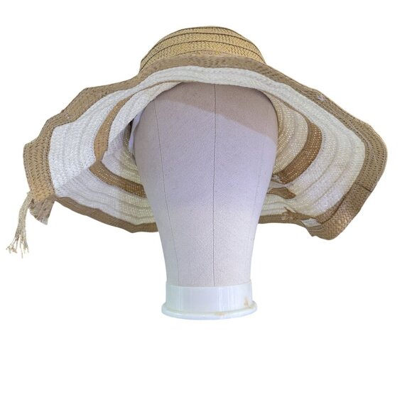 Womens Unbranded White and Tan Stripes Tie Ribbon Synthetic Wide Bucket Hat - Picture 2 of 7